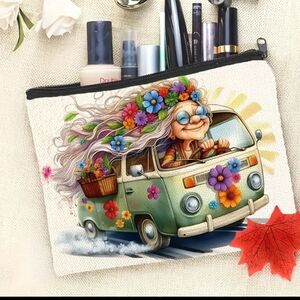 Floral Hippie Van Cosmetic Pouch - Cream Background